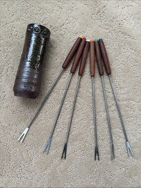 Vintage fondue Fork Set  w/Wooden Handles with Japanese Ceramic Caddy